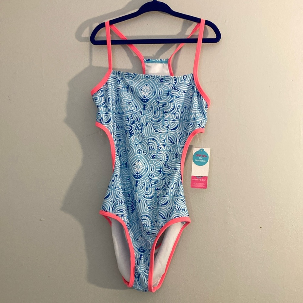 Blue and Pink One Piece Swimsuit with Paisley Pattern